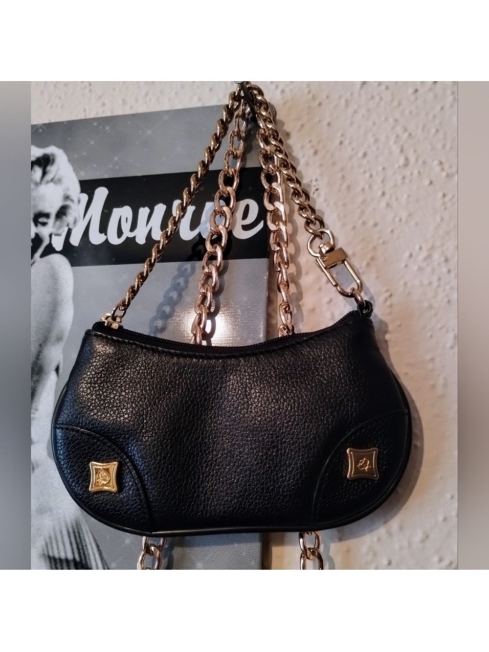 MCM Black Leather Coin Pouch with Gold Chain & Hardware, EUC